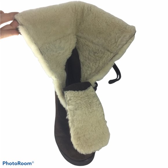 COACH 9M Wedge Mid Calf Booties Brown Suede Leather Fleece Winter - Picture 4 of 13